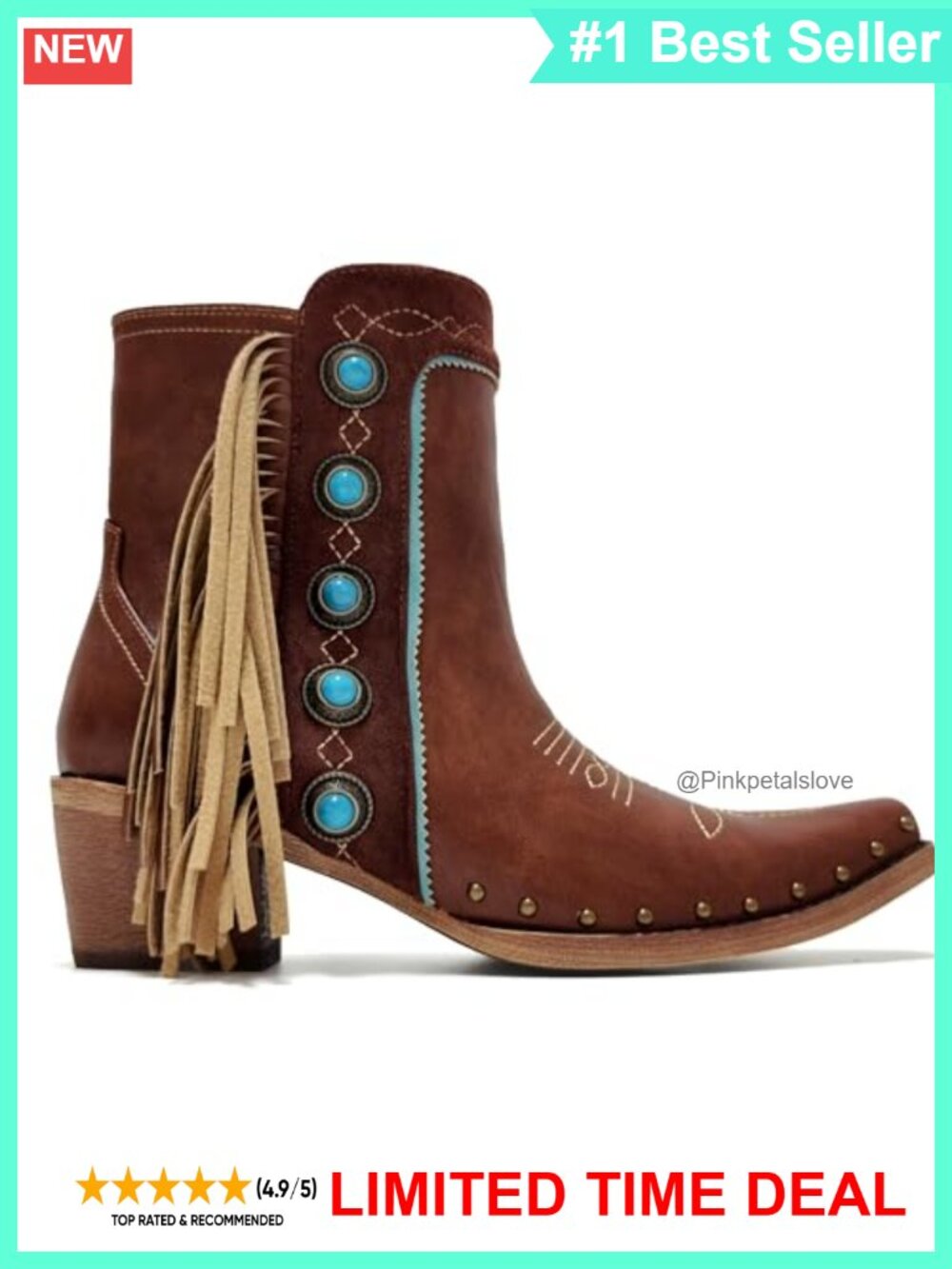 Fringe Studded Ankle Booties with Turquoise Stones Side Zipper